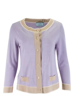 Lilac button up knit cardigan with beige trim