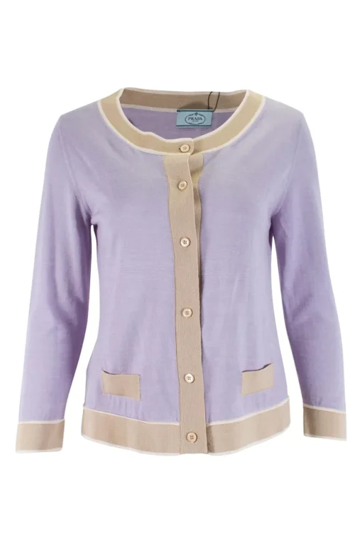 Lilac button up knit cardigan with beige trim