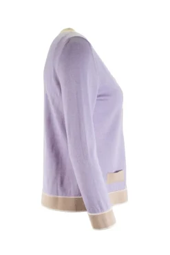 Lilac button up knit cardigan with beige trim