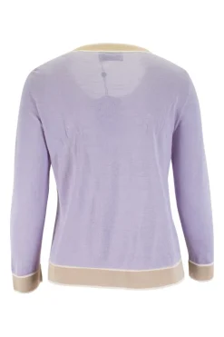 Lilac button up knit cardigan with beige trim