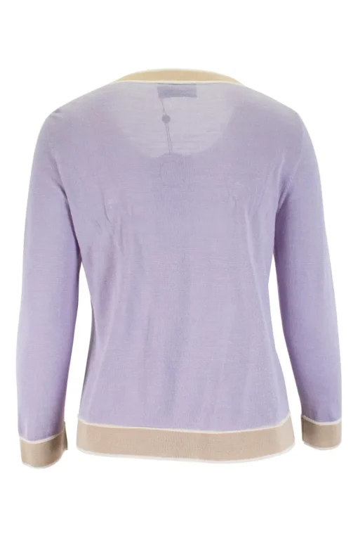 Lilac button up knit cardigan with beige trim