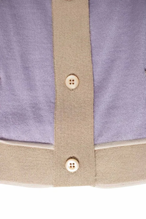 Lilac button up knit cardigan with beige trim