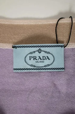 Lilac button up knit cardigan with beige trim