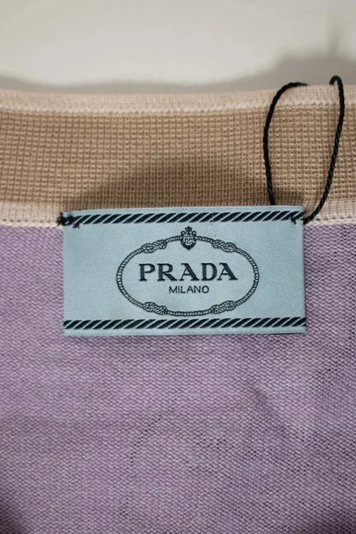 Lilac button up knit cardigan with beige trim