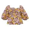 Lilac cotton abstract graphic print Pippa tie-front balloon sleeve empire-waist peplum blouse