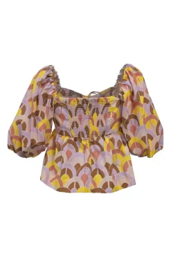 Lilac cotton abstract graphic print Pippa tie-front balloon sleeve empire-waist peplum blouse
