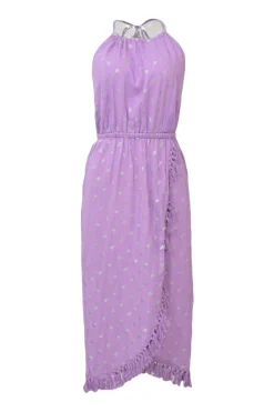 Lilac cotton glitter dot halter neck open-back midi dress with tassel tulip skirt