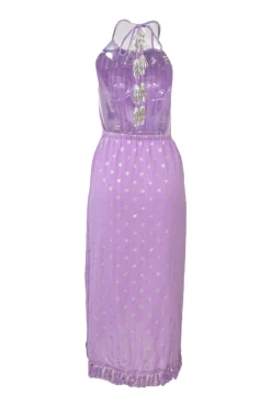 Lilac cotton glitter dot halter neck open-back midi dress with tassel tulip skirt