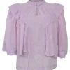 Lilac cotton voile Laeti band collar keyhole front ruffle blouse with scalloped embroidery details