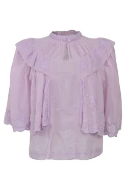 Lilac cotton voile Laeti band collar keyhole front ruffle blouse with scalloped embroidery details