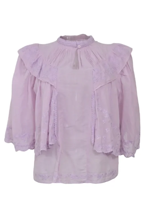 Lilac cotton voile Laeti band collar keyhole front ruffle blouse with scalloped embroidery details