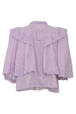 Lilac cotton voile Laeti band collar keyhole front ruffle blouse with scalloped embroidery details