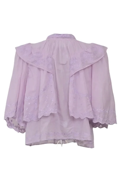 Lilac cotton voile Laeti band collar keyhole front ruffle blouse with scalloped embroidery details