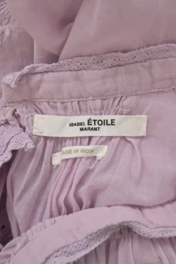 Lilac cotton voile Laeti band collar keyhole front ruffle blouse with scalloped embroidery details
