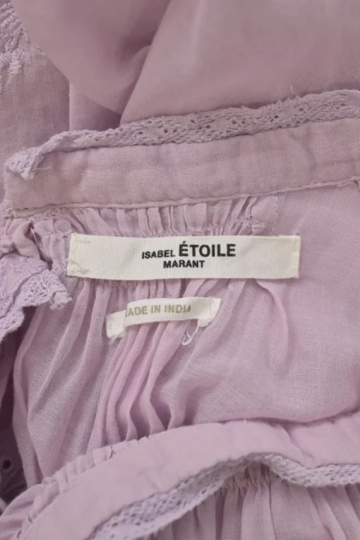 Lilac cotton voile Laeti band collar keyhole front ruffle blouse with scalloped embroidery details