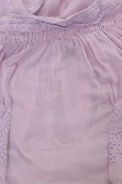 Lilac cotton voile Laeti band collar keyhole front ruffle blouse with scalloped embroidery details