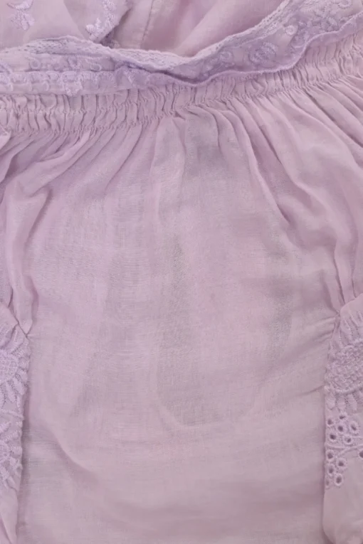 Lilac cotton voile Laeti band collar keyhole front ruffle blouse with scalloped embroidery details
