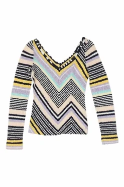 Lilac cotton-blend chevron plunge neck lettuce stripe knit top