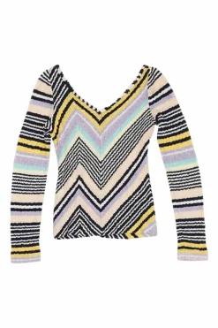 Lilac cotton-blend chevron plunge neck lettuce stripe knit top