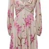 Lilac draped silk-blend floral print twist-front plunge neck long sleeve A-line dress