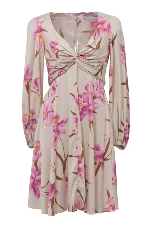 Lilac draped silk-blend floral print twist-front plunge neck long sleeve A-line dress