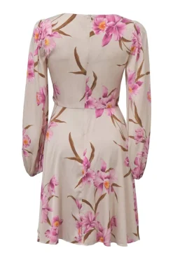Lilac draped silk-blend floral print twist-front plunge neck long sleeve A-line dress