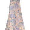Lilac layered semi-sheer polyester floral print strapless A-line dress with twisted bandeau bodice
