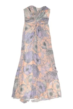 Lilac layered semi-sheer polyester floral print strapless A-line dress with twisted bandeau bodice