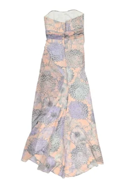 Lilac layered semi-sheer polyester floral print strapless A-line dress with twisted bandeau bodice