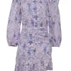 Lilac linen abstract floral print tie-waist quarter-sleeve ruffled dress with tulip skirt