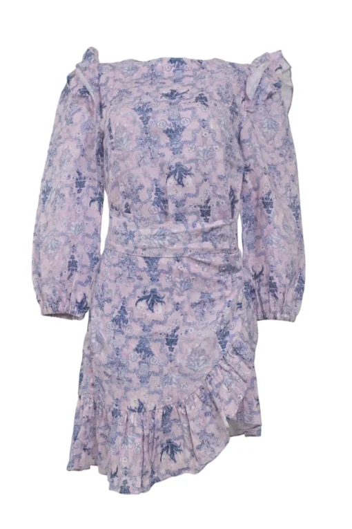 Lilac linen abstract floral print tie-waist quarter-sleeve ruffled dress with tulip skirt