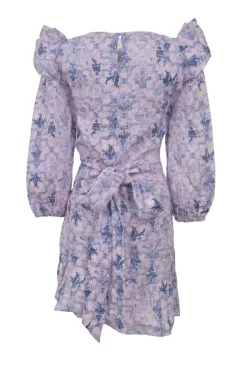 Lilac linen abstract floral print tie-waist quarter-sleeve ruffled dress with tulip skirt