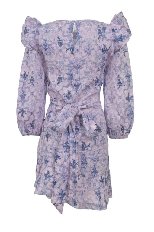 Lilac linen abstract floral print tie-waist quarter-sleeve ruffled dress with tulip skirt