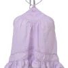 Lilac paneled halter-neck Lisio blouse with cutout edge trim inserts and ruffled hem