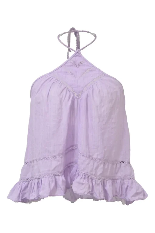 Lilac paneled halter-neck Lisio blouse with cutout edge trim inserts and ruffled hem