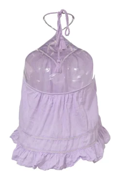 Lilac paneled halter-neck Lisio blouse with cutout edge trim inserts and ruffled hem