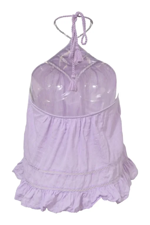 Lilac paneled halter-neck Lisio blouse with cutout edge trim inserts and ruffled hem