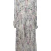 Lilac paneled semi-sheer floral print georgette tiered long sleeve midi dress with lace-up front