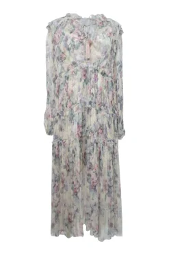 Lilac paneled semi-sheer floral print georgette tiered long sleeve midi dress with lace-up front