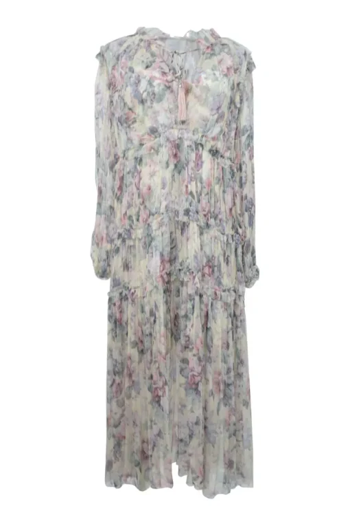Lilac paneled semi-sheer floral print georgette tiered long sleeve midi dress with lace-up front