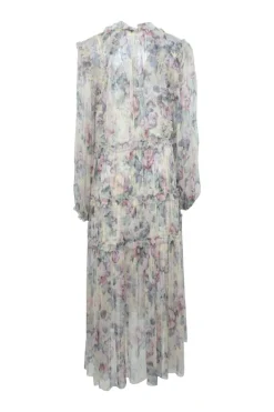 Lilac paneled semi-sheer floral print georgette tiered long sleeve midi dress with lace-up front