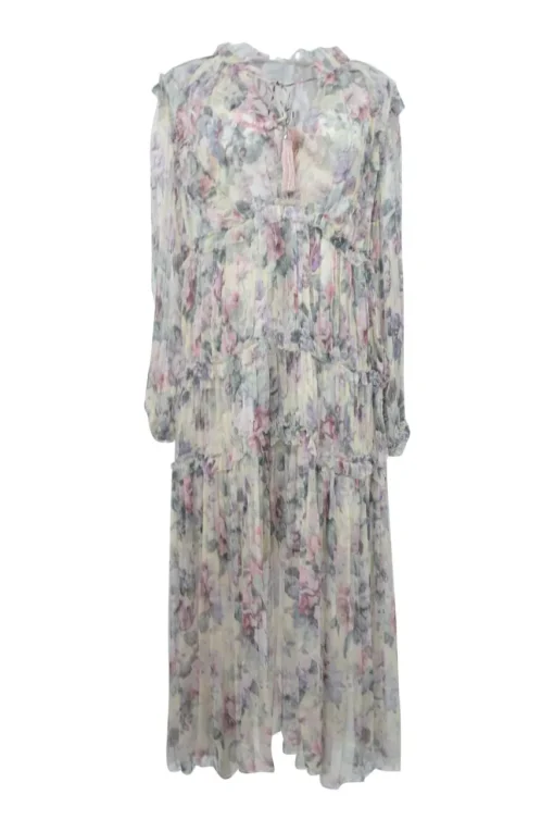 Lilac paneled semi-sheer floral print georgette tiered long sleeve midi dress with lace-up front