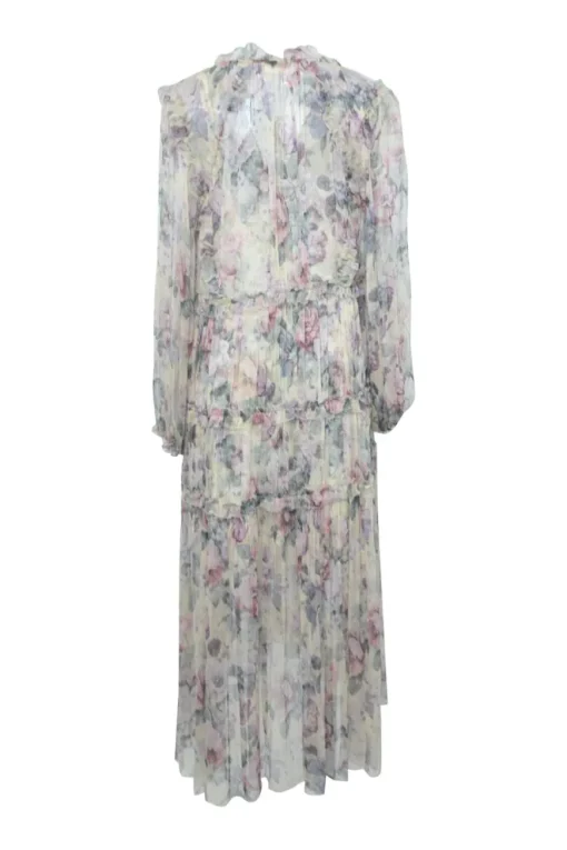 Lilac paneled semi-sheer floral print georgette tiered long sleeve midi dress with lace-up front