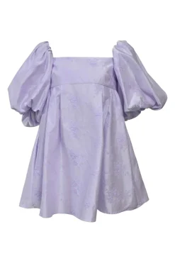 Lilac polyester floral-embroidered taffeta balloon sleeve swing-style empire waist mini dress