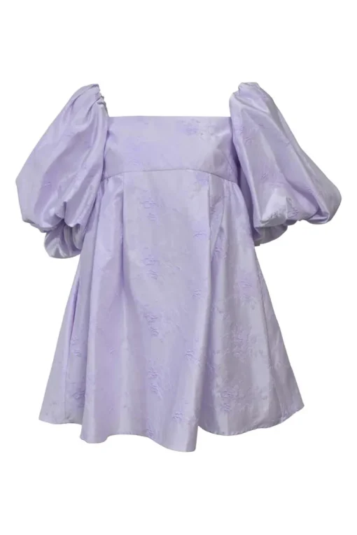 Lilac polyester floral-embroidered taffeta balloon sleeve swing-style empire waist mini dress
