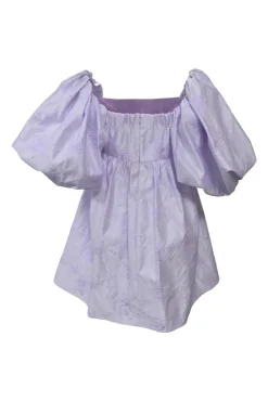 Lilac polyester floral-embroidered taffeta balloon sleeve swing-style empire waist mini dress