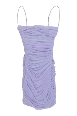 Lilac polyester-blend organza Ella ruched slip dress with adjustable spaghetti straps