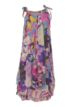 Lilac ruched crinkle silk abstract print racerback shift dress with self-tie straps