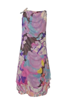 Lilac ruched crinkle silk abstract print racerback shift dress with self-tie straps
