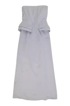 Lilac strapless bustier gown with pannier-style hip panels